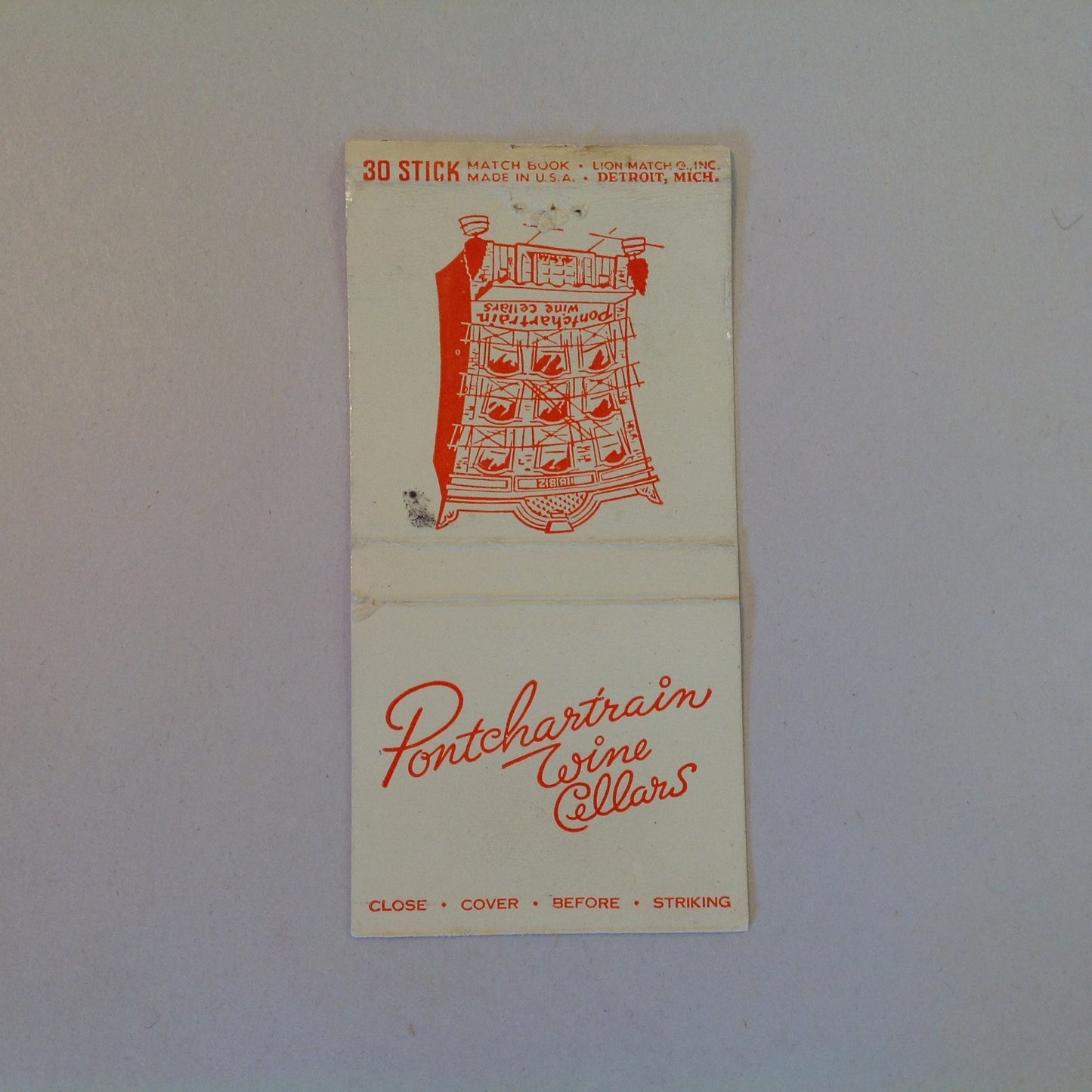 Vintage Matchbook Cover Pontchartrain Wine Cellars West Larned Detroit Michigan MI