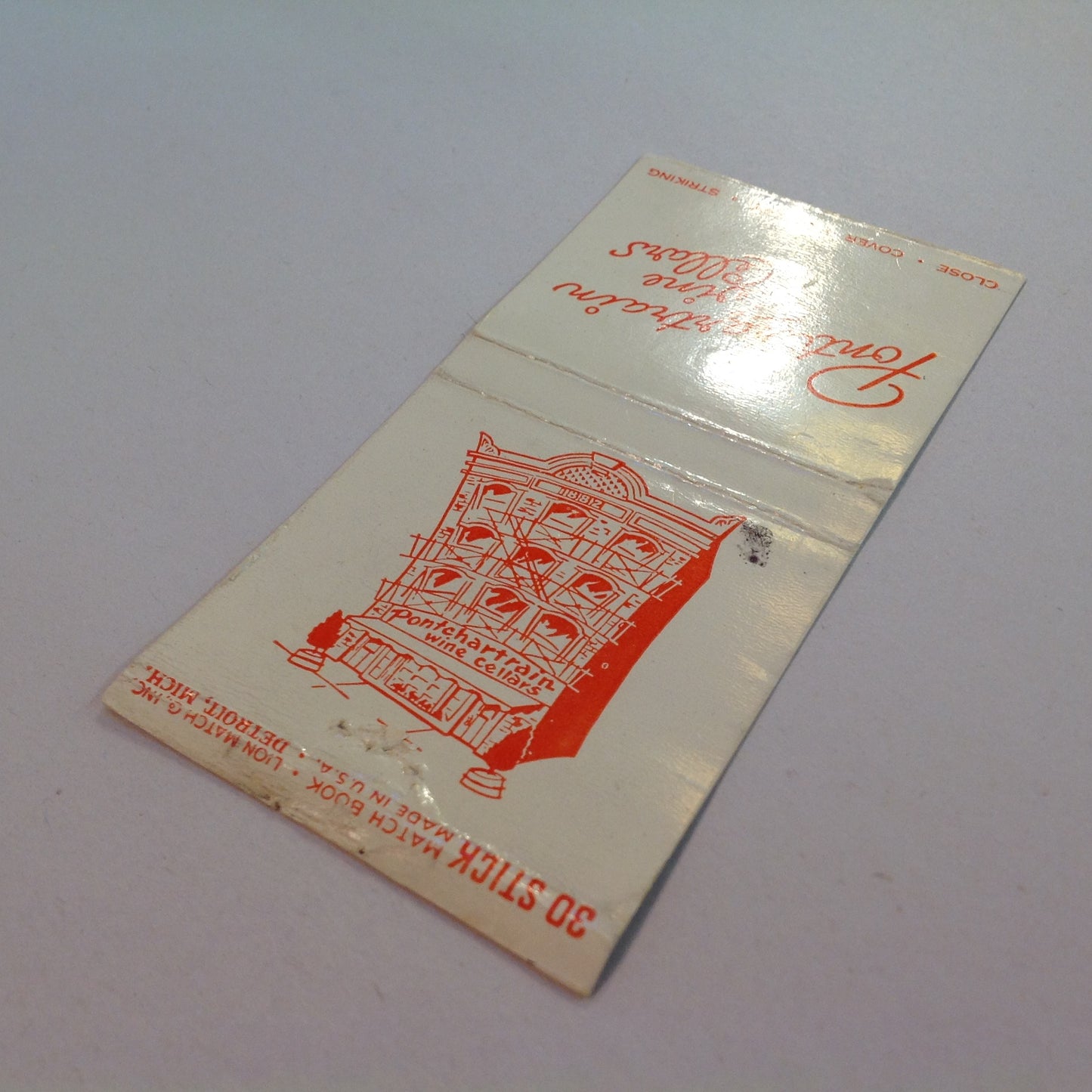 Vintage Matchbook Cover Pontchartrain Wine Cellars West Larned Detroit Michigan MI