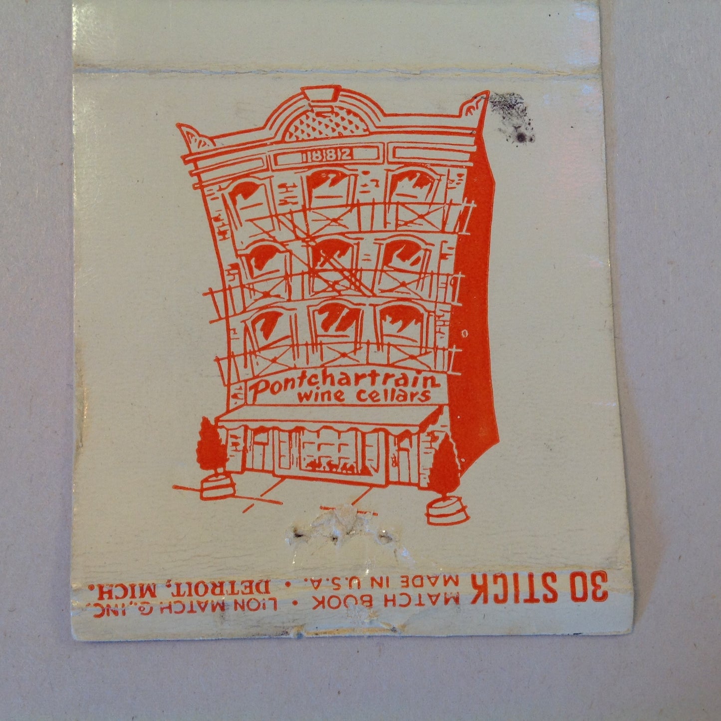 Vintage Matchbook Cover Pontchartrain Wine Cellars West Larned Detroit Michigan MI