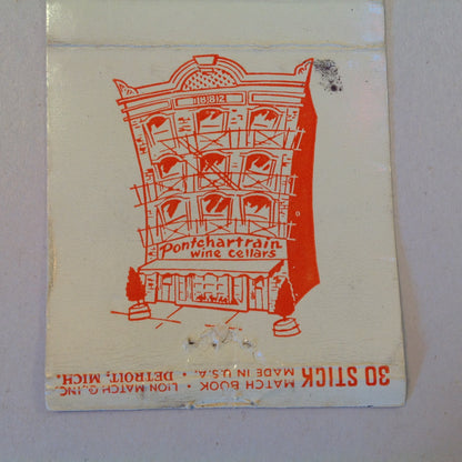 Vintage Matchbook Cover Pontchartrain Wine Cellars West Larned Detroit Michigan MI