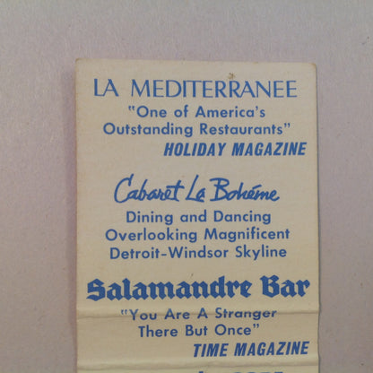 Vintage Matchbook Cover Hotel Pontchartrain Cabaret Salamandre Bar LeCafe Detroit MI