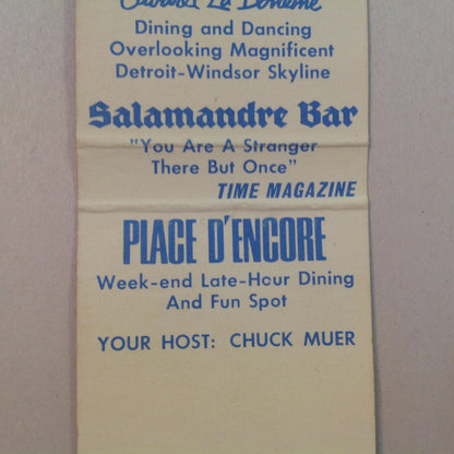 Vintage Matchbook Cover Hotel Pontchartrain Cabaret Salamandre Bar LeCafe Detroit MI