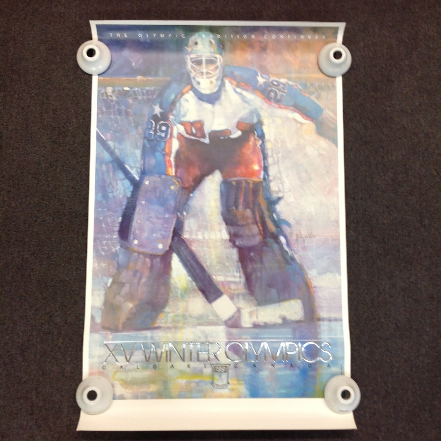 Vintage 1987 ABC Calgary 88 XV Winter Olympics The Tradition Continues Ice Hockey Hockey Player Goalie  Embossed
