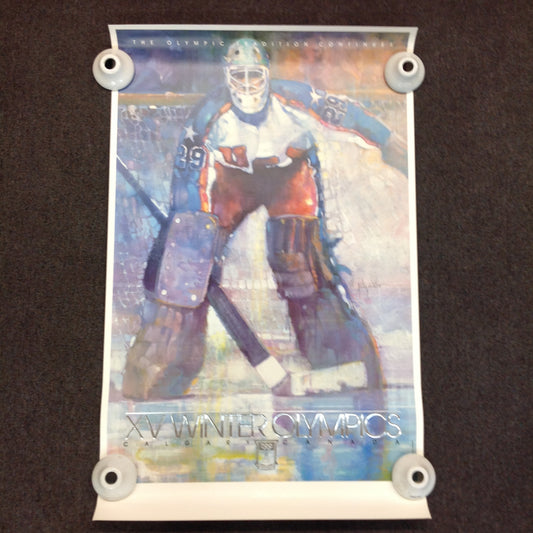 Vintage 1987 ABC Calgary 88 XV Winter Olympics The Tradition Continues Ice Hockey Hockey Player Goalie  Embossed