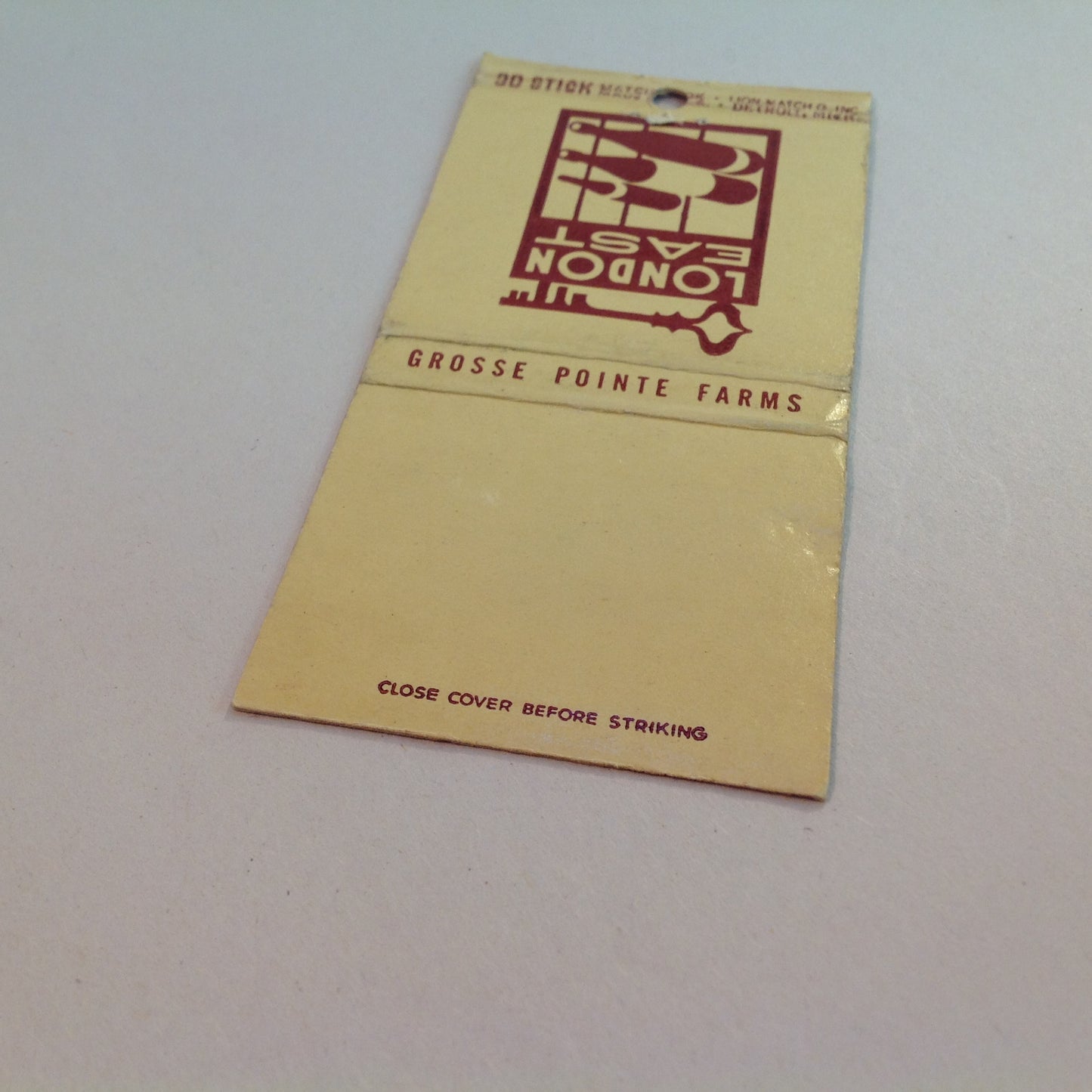 Vintage Matchbook Cover London East Chop House Grosse Pointe Farms Michigan MI