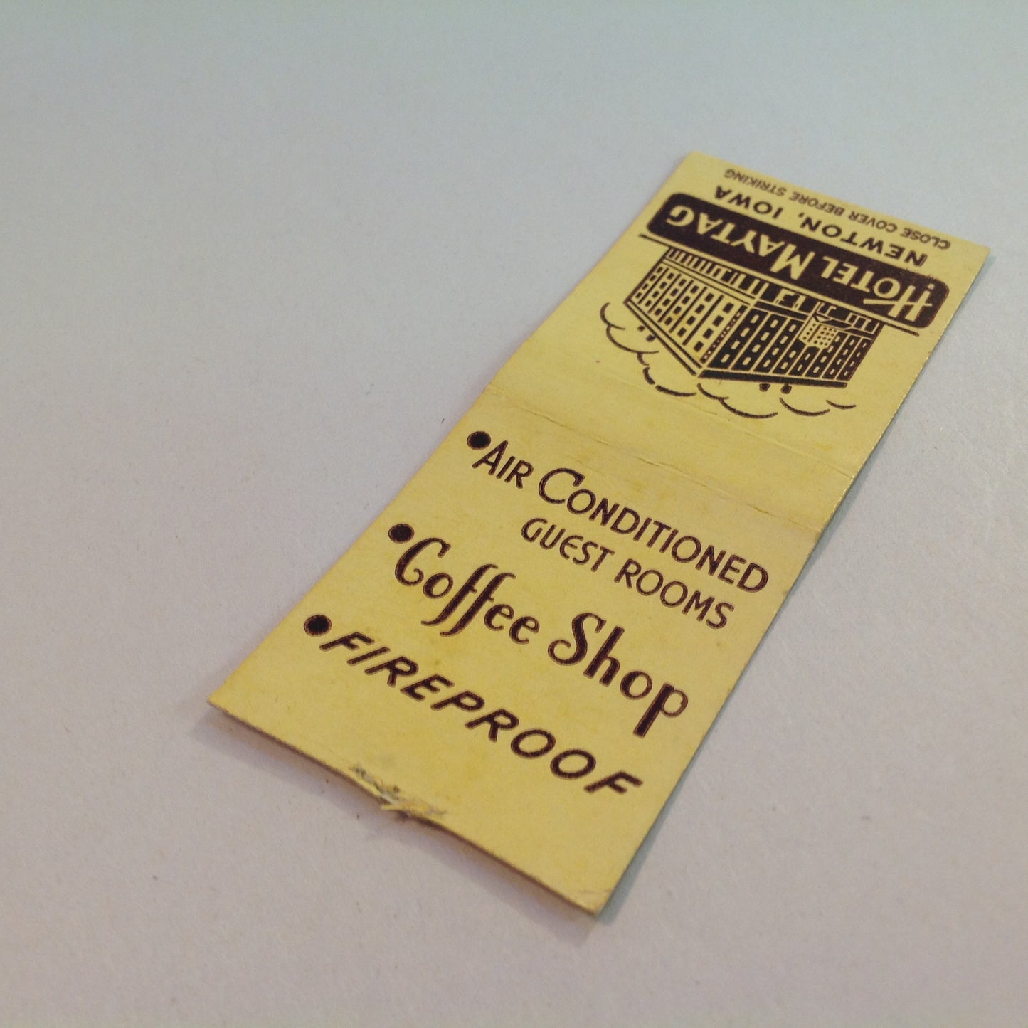 Vintage Matchbook Cover Maytag Hotel Newton Iowa Coffee Shop AC Guest Rooms IA