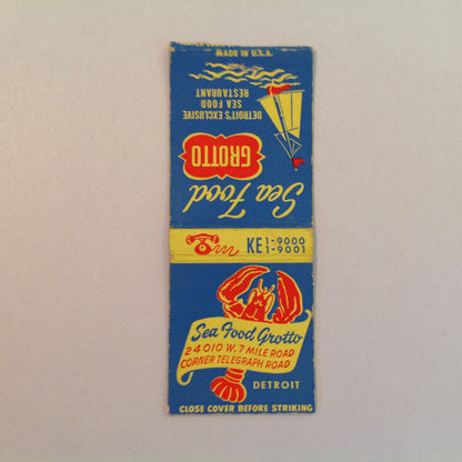 Vintage Matchbook Cover Sea Food Grotto Detroit's Exclusive Restaurant Telegraph Rd.