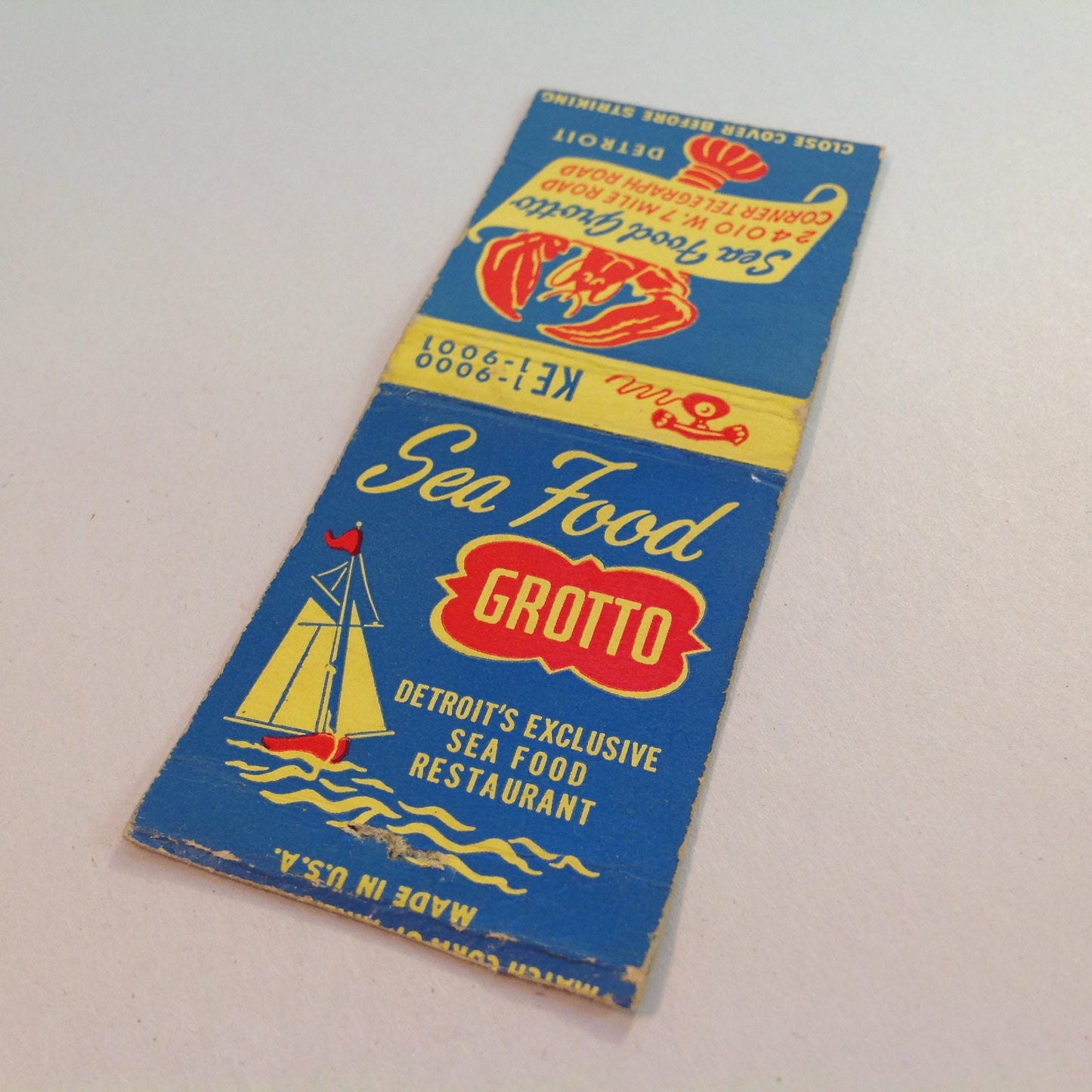 Vintage Matchbook Cover Sea Food Grotto Detroit's Exclusive Restaurant Telegraph Rd.