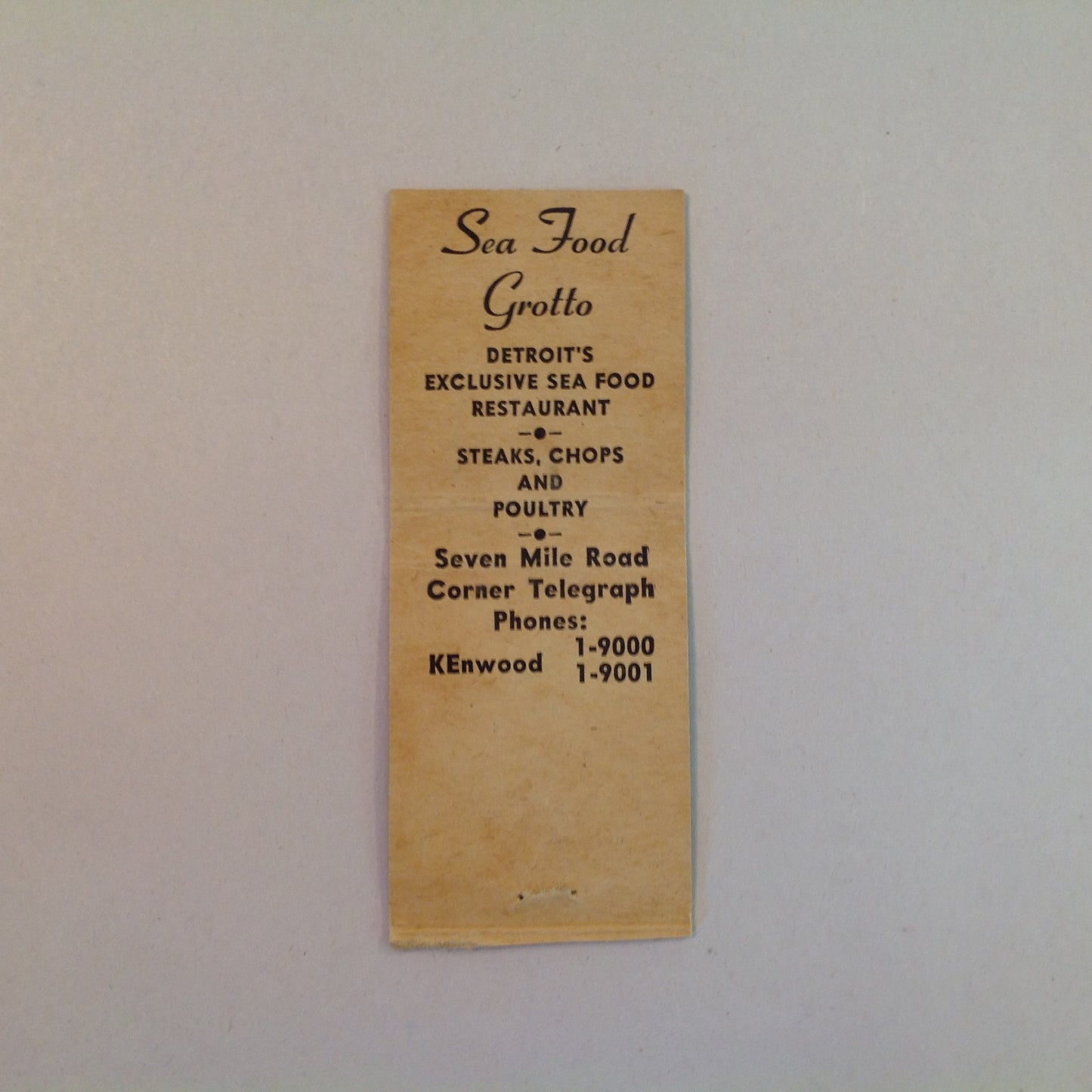 Vintage Matchbook Cover Sea Food Grotto Detroit's Exclusive Restaurant Telegraph Rd.