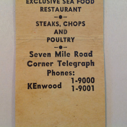 Vintage Matchbook Cover Sea Food Grotto Detroit's Exclusive Restaurant Telegraph Rd.