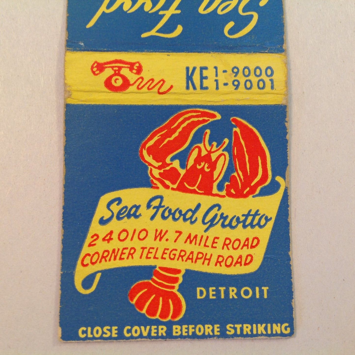 Vintage Matchbook Cover Sea Food Grotto Detroit's Exclusive Restaurant Telegraph Rd.