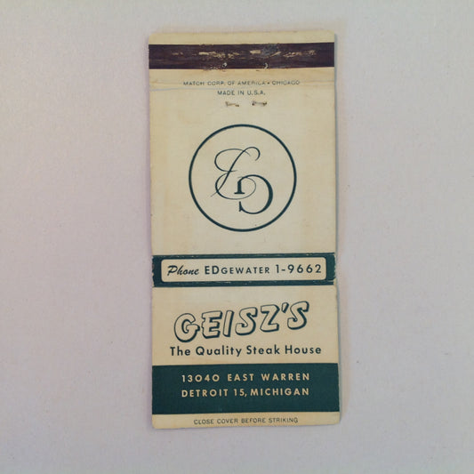 Vintage Matchbook Cover Geisz's Lenox Room Quality Steakhouse Detroit Michigan