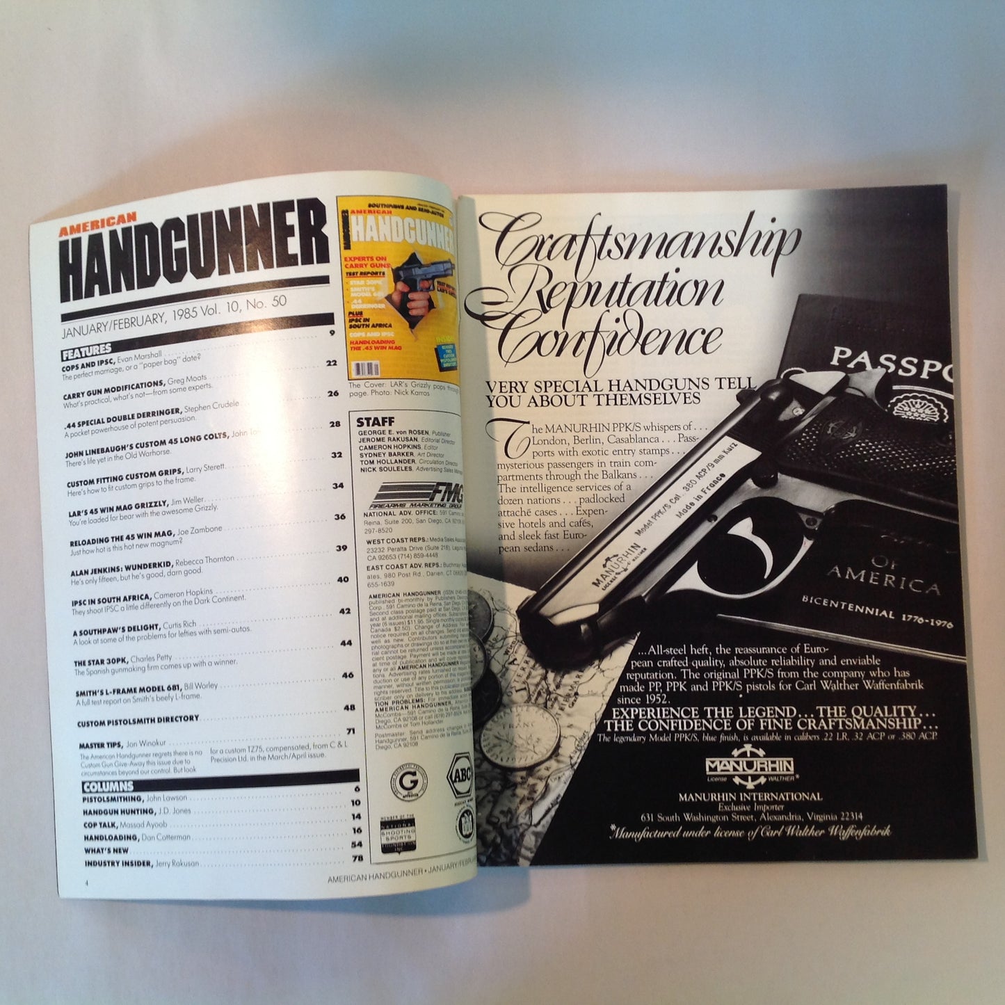 Vintage Jan/Feb 1985 American Handgunner Magazine Southpaws and Semi-Autos Lar's Grizzly IPSC in South Africa Cops and IPSC