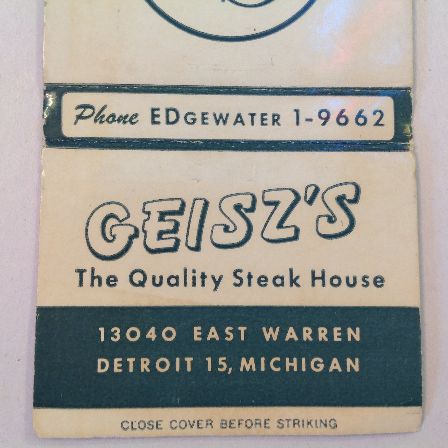 Vintage Matchbook Cover Geisz's Lenox Room Quality Steakhouse Detroit Michigan