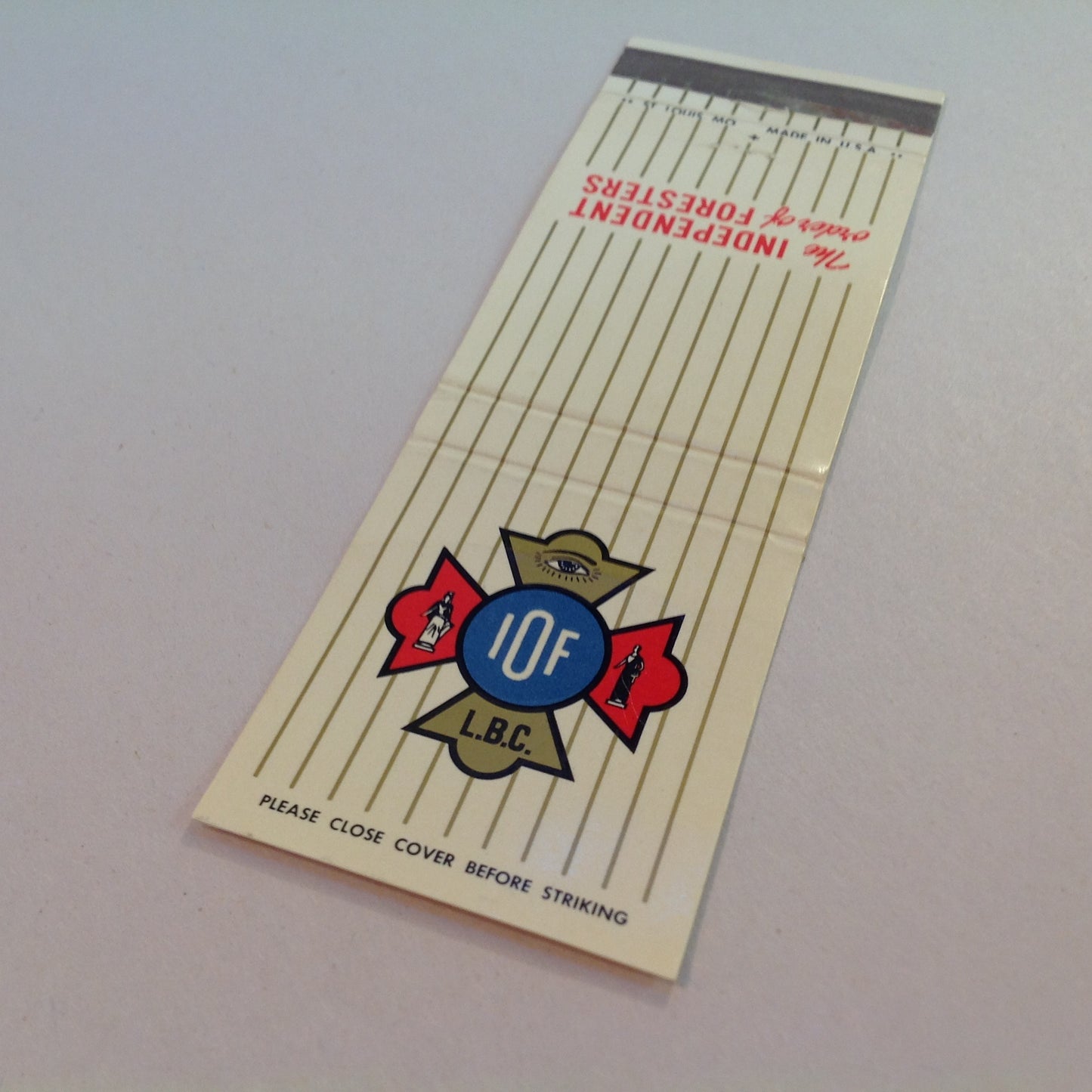 Vintage Matchbook Cover Independent Order of Foresters IOF LBC Benefit Society