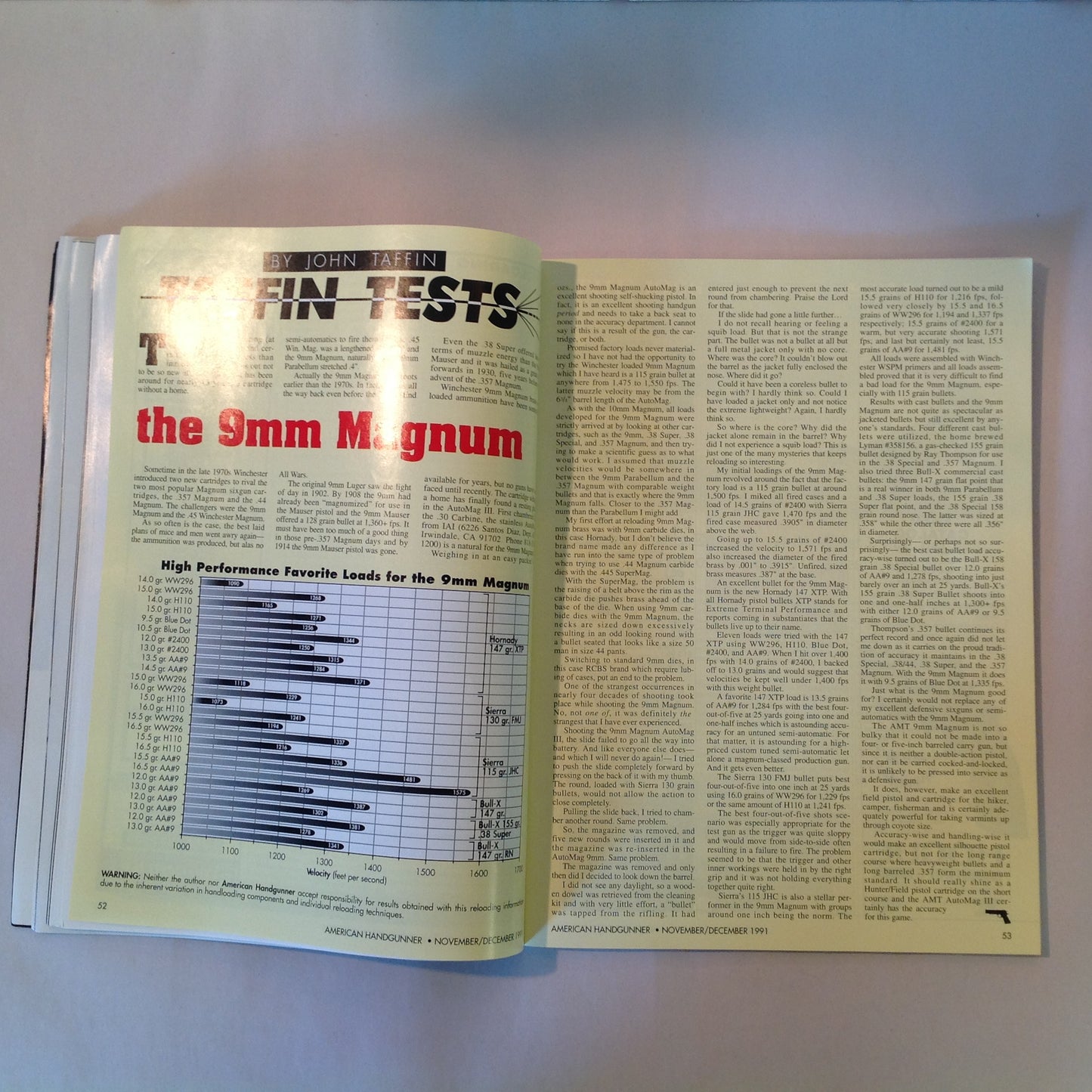 Vintage Nov/Dec 1991 American Handgunner Magazine Browning Hi-Power Cure Auto Pistol Blahs Hot Loads for 9mm Magnum