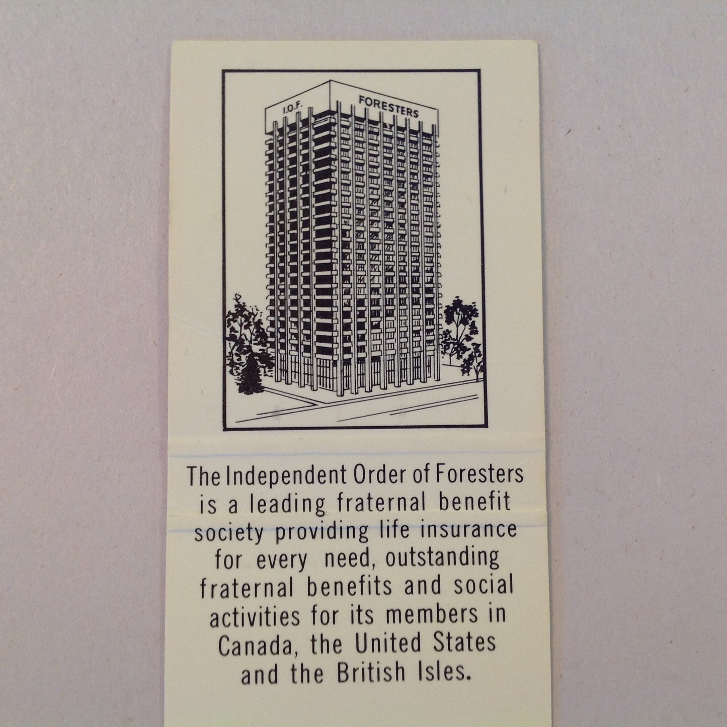 Vintage Matchbook Cover Independent Order of Foresters IOF LBC Benefit Society