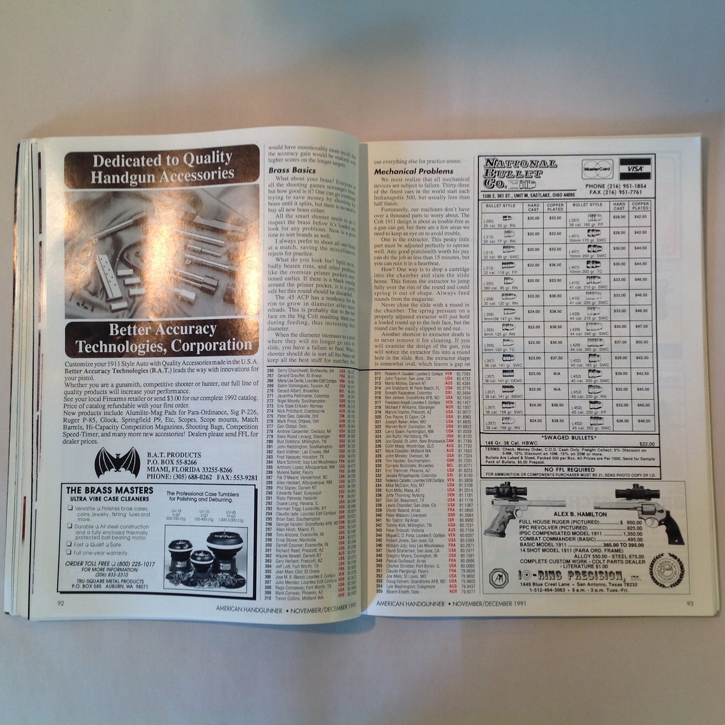 Vintage Nov/Dec 1991 American Handgunner Magazine Browning Hi-Power Cure Auto Pistol Blahs Hot Loads for 9mm Magnum