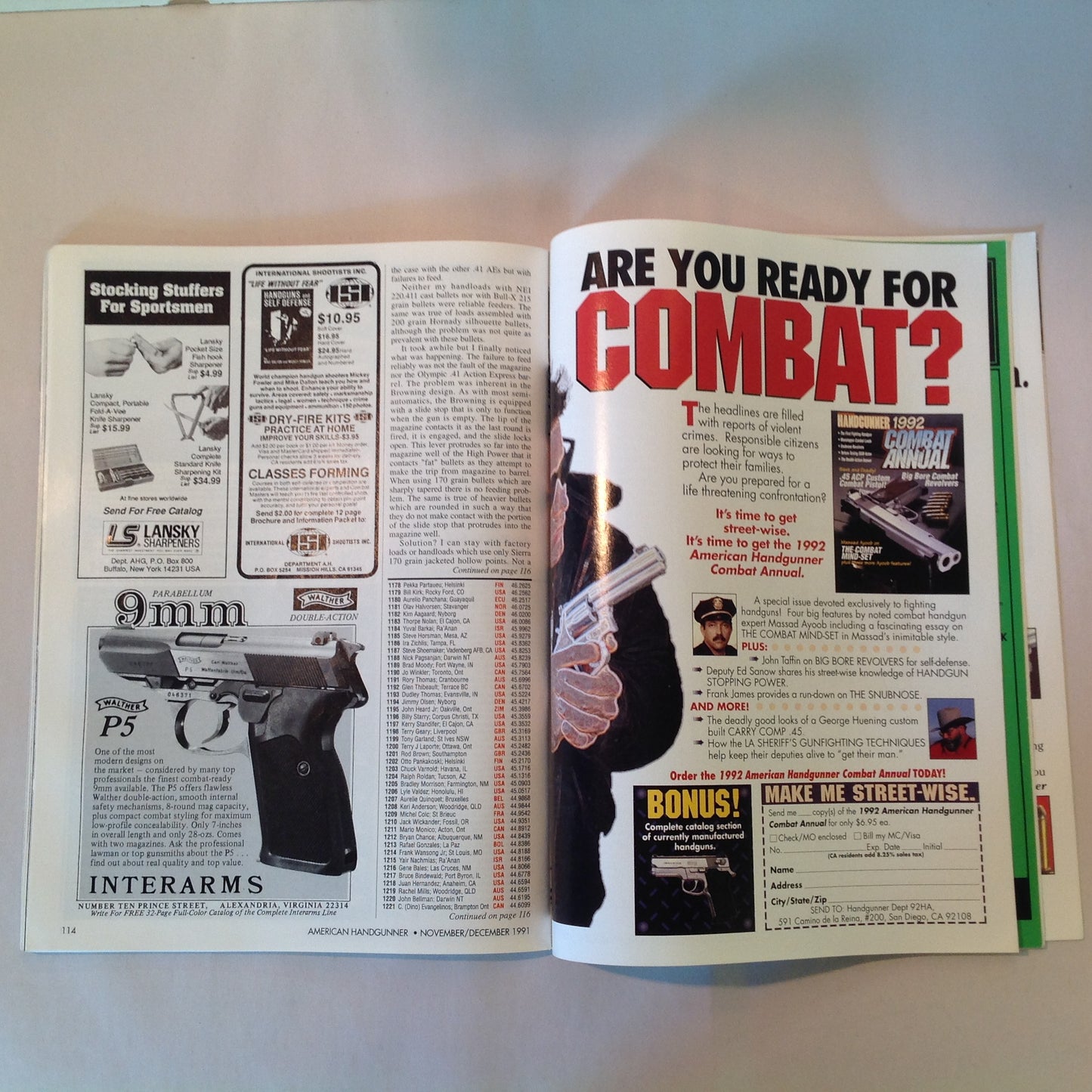 Vintage Nov/Dec 1991 American Handgunner Magazine Browning Hi-Power Cure Auto Pistol Blahs Hot Loads for 9mm Magnum