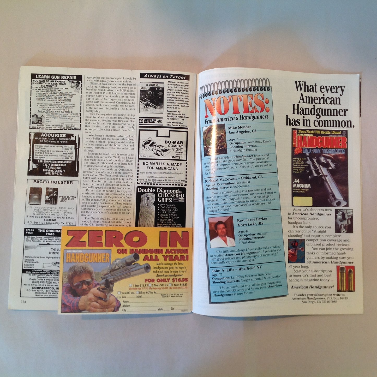 Vintage Nov/Dec 1991 American Handgunner Magazine Browning Hi-Power Cure Auto Pistol Blahs Hot Loads for 9mm Magnum