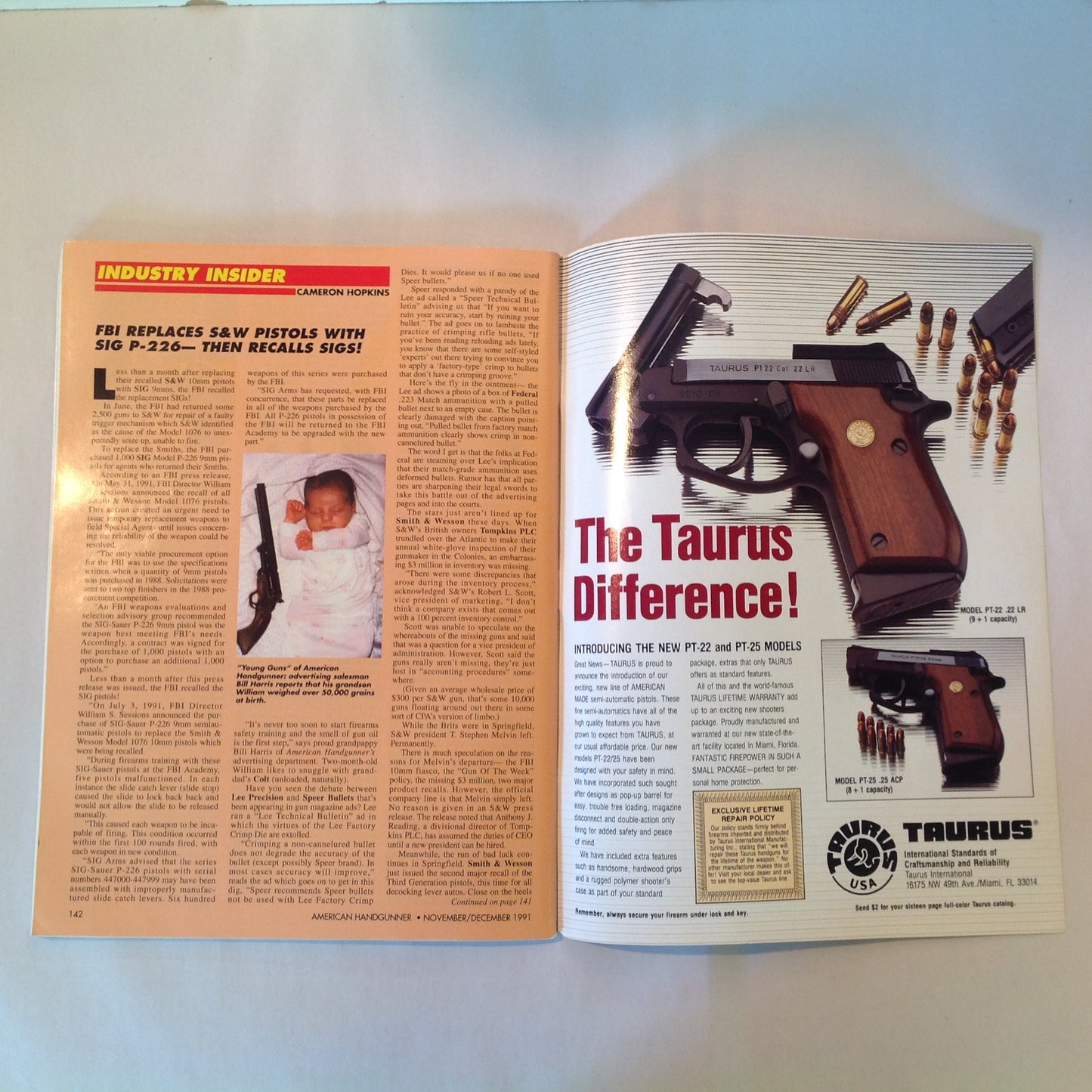 Vintage Nov/Dec 1991 American Handgunner Magazine Browning Hi-Power Cure Auto Pistol Blahs Hot Loads for 9mm Magnum