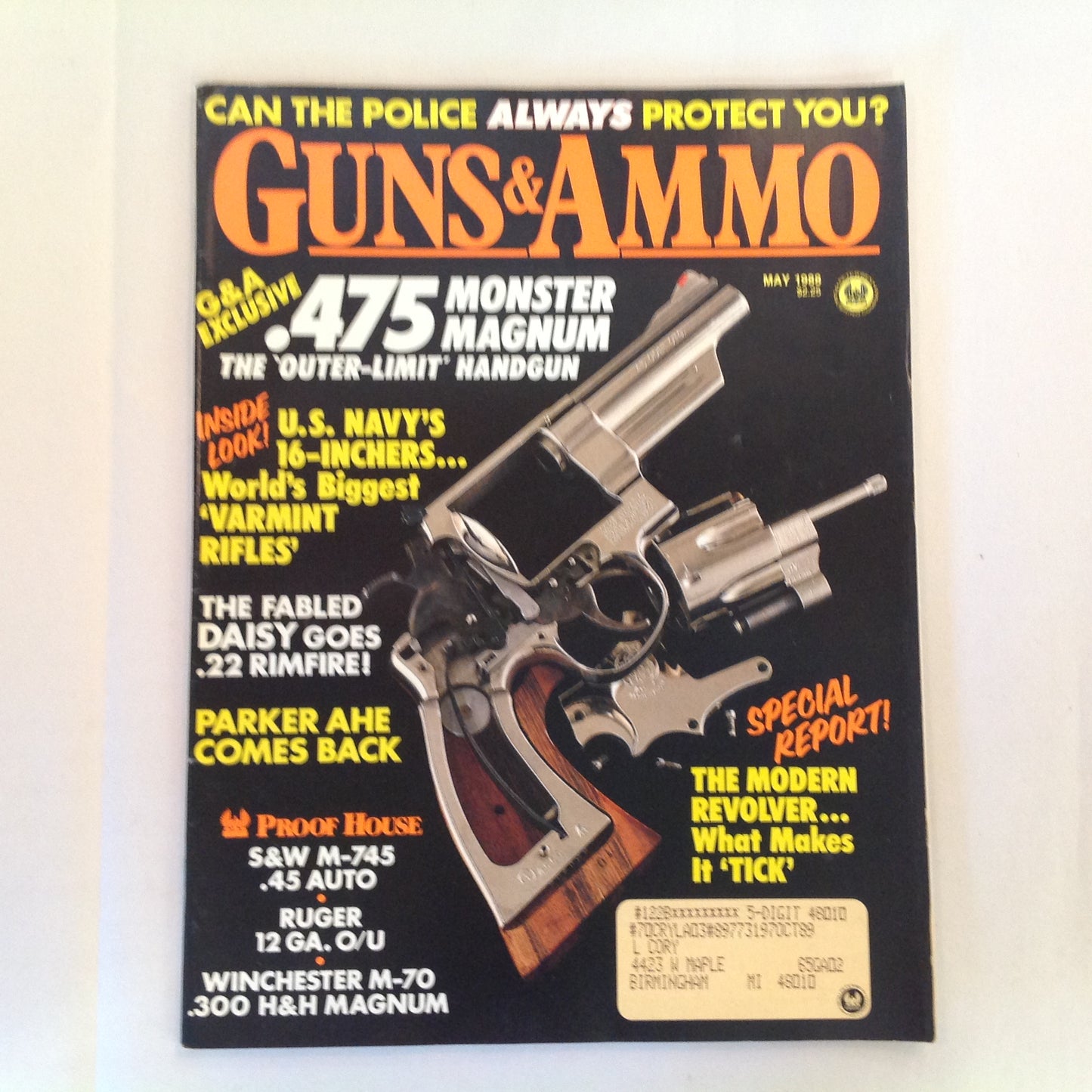 Vintage May 1988 Guns & Ammo Magazine .475 Monster Magnum US Navy Daisy Parker AHE