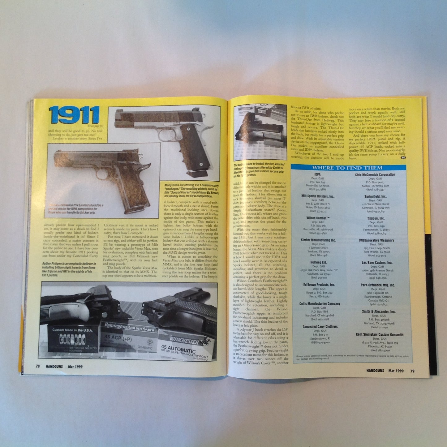 Vintage May 1999 Handguns Magazine Defensive Pistol Special Issue Monolith .45 Auto Beretta Combat Racegun Pro-Carry .45