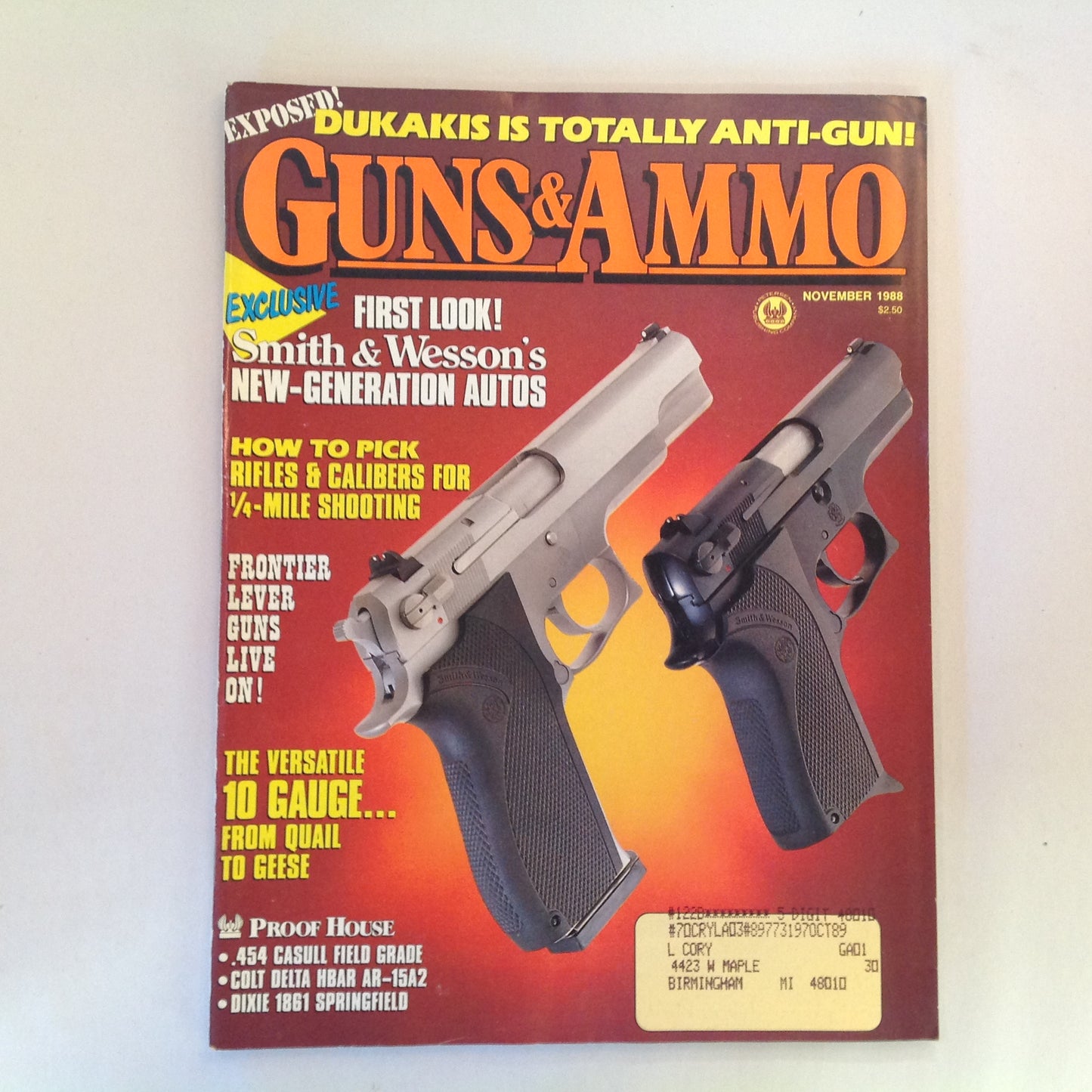 Vintage Nov 1988 Guns & Ammo Smith & Wesson New Generation Autos 1/4 Mile Shooting Frontier Lever Guns