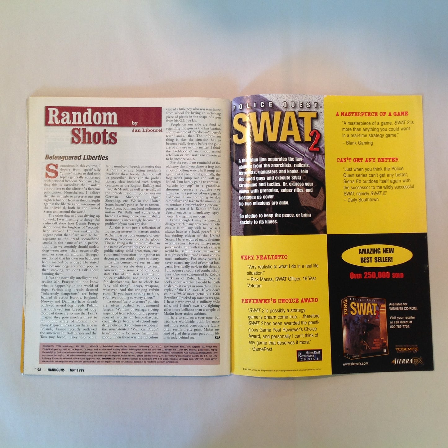 Vintage May 1999 Handguns Magazine Defensive Pistol Special Issue Monolith .45 Auto Beretta Combat Racegun Pro-Carry .45