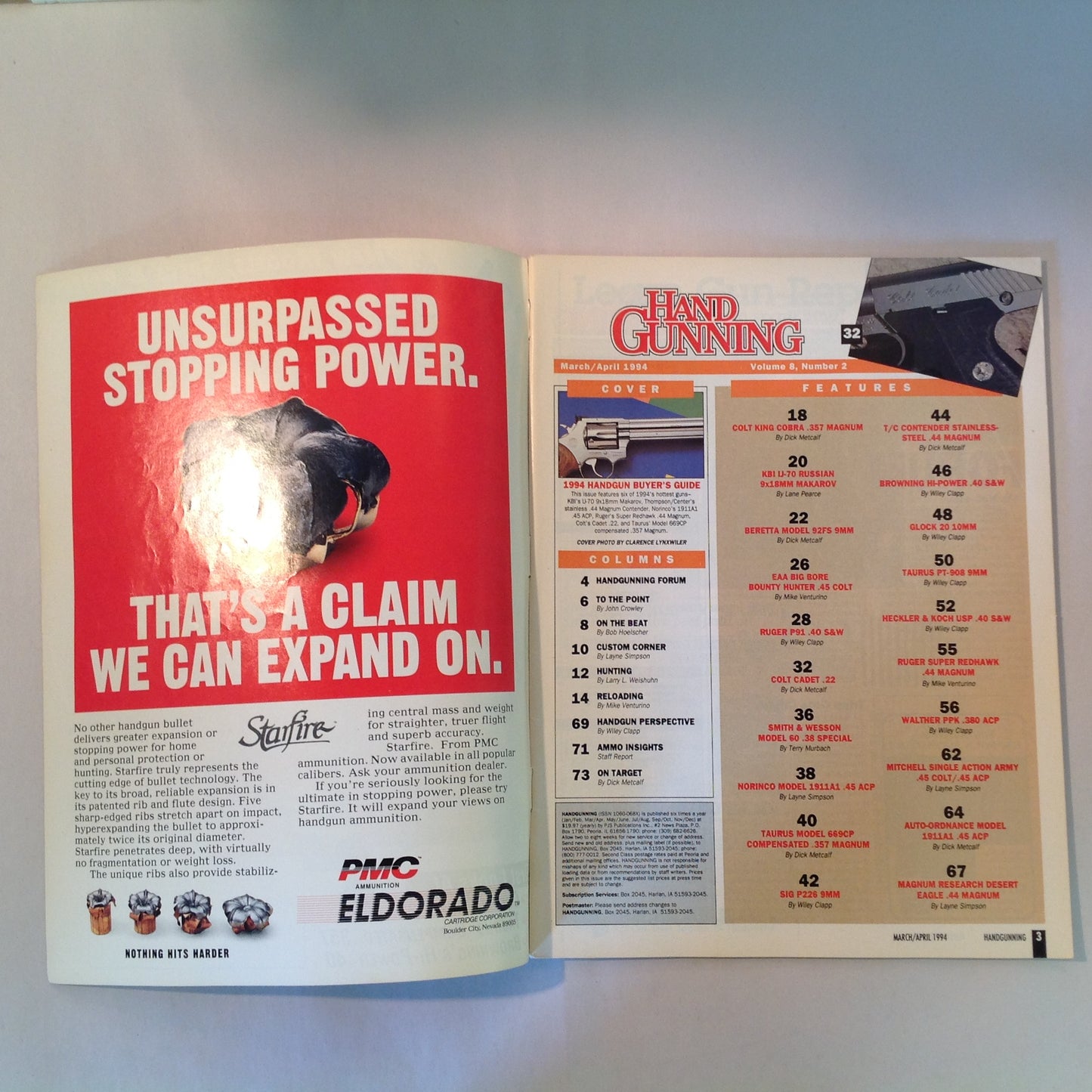 Vintage Mar/Apr 1994 Hand Gunning Magazine '94 Buyer's Guide 200 Guns First Looks Colt Taurus Browning