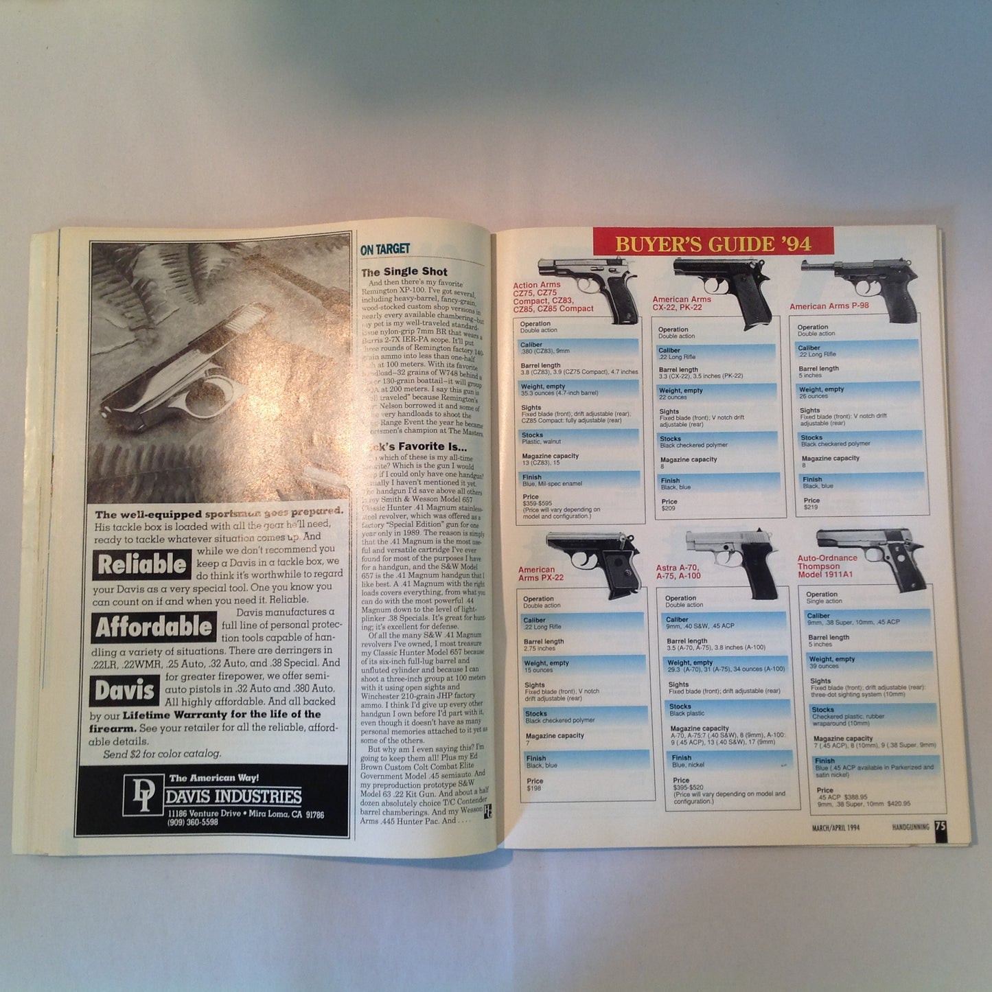 Vintage Mar/Apr 1994 Hand Gunning Magazine '94 Buyer's Guide 200 Guns First Looks Colt Taurus Browning