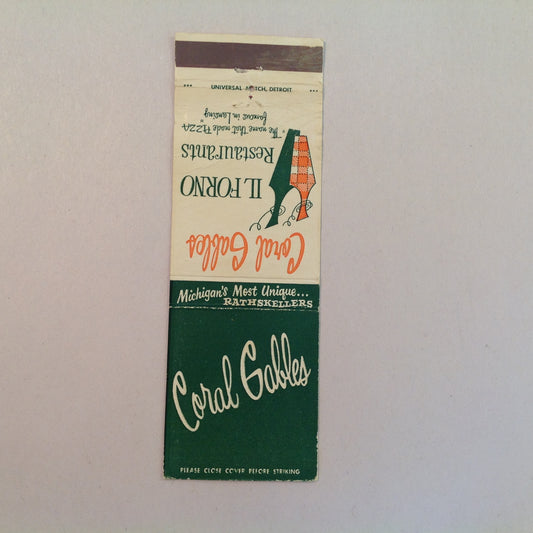 Vintage Matchbook Cover Coral Gables Il Forno Restaurant Michigan's Rathskellers MI