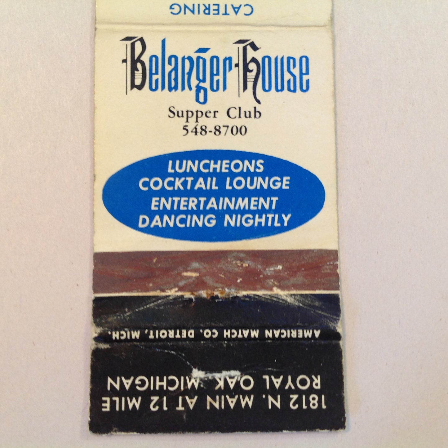 Vintage Matchbook Cover Belanger House Supper Club Royal Oak MI Catering Banquet Room