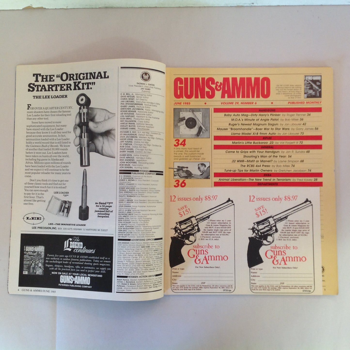 Vintage Jun 1985 Guns & Ammo .22 Auto Mag Dirty Harry Handgun Stocks Long-Range Pistol Mauser Broomhandle