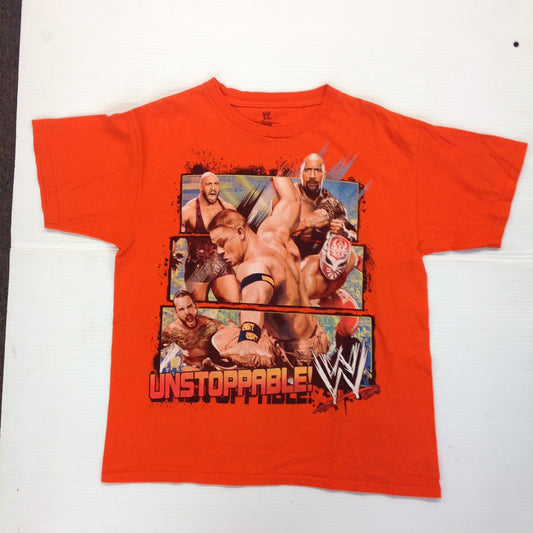 2013 WWE WWF Child's Large T-Shirt Orange Unstoppable John Cena The Rock Montage