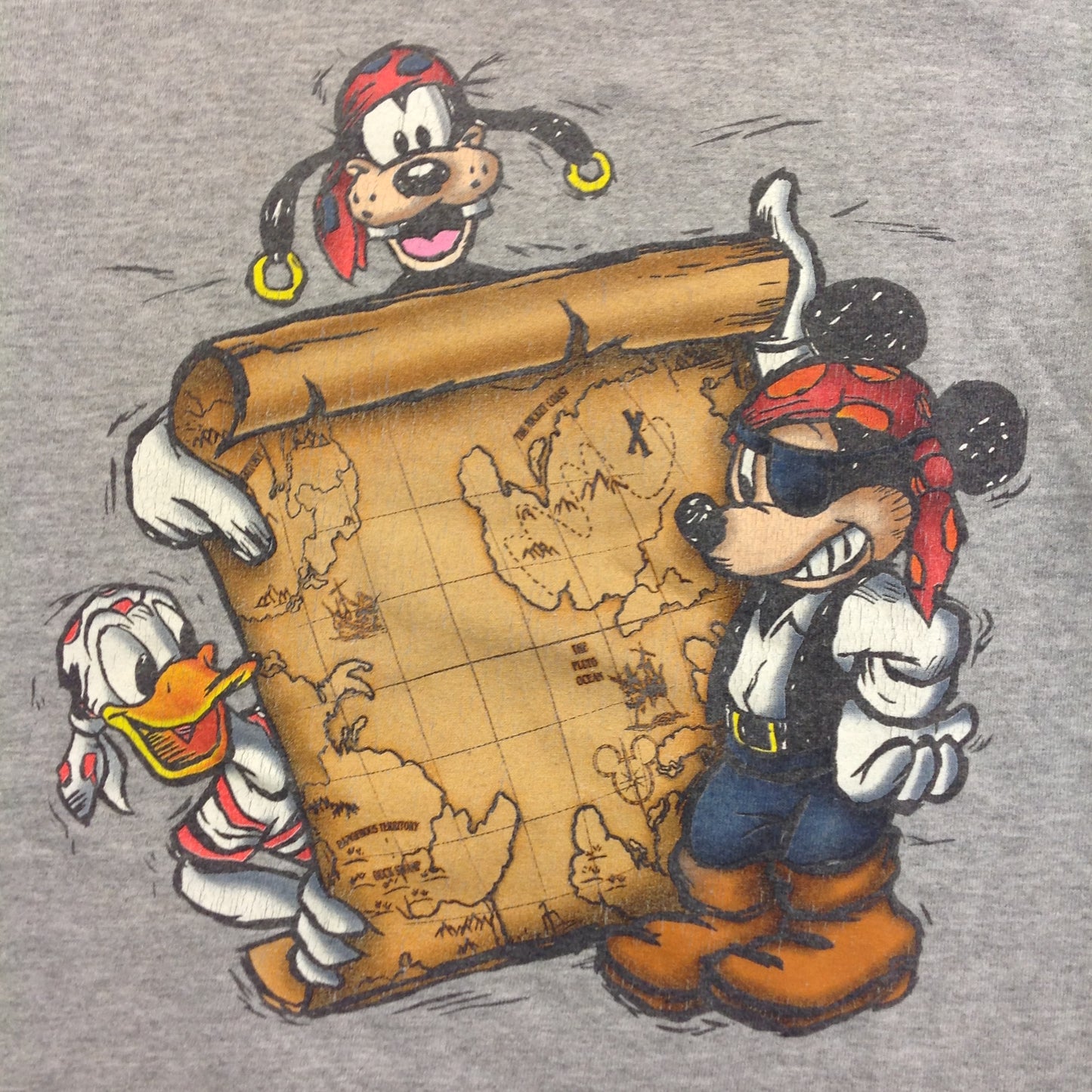 Vintage 2000's Walt Disney World Kids Child's T-Shirt Pirates of the Caribbean Mickey Goofy Donald Gray 3T