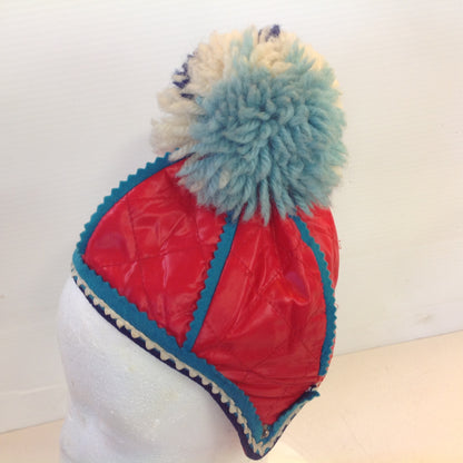 Vintage Red Obo Child Infant Toddler Strap Pom Pom Winter Hat Cap