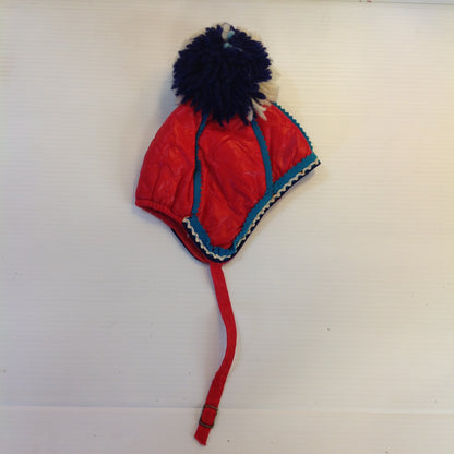 Vintage Red Obo Child Infant Toddler Strap Pom Pom Winter Hat Cap