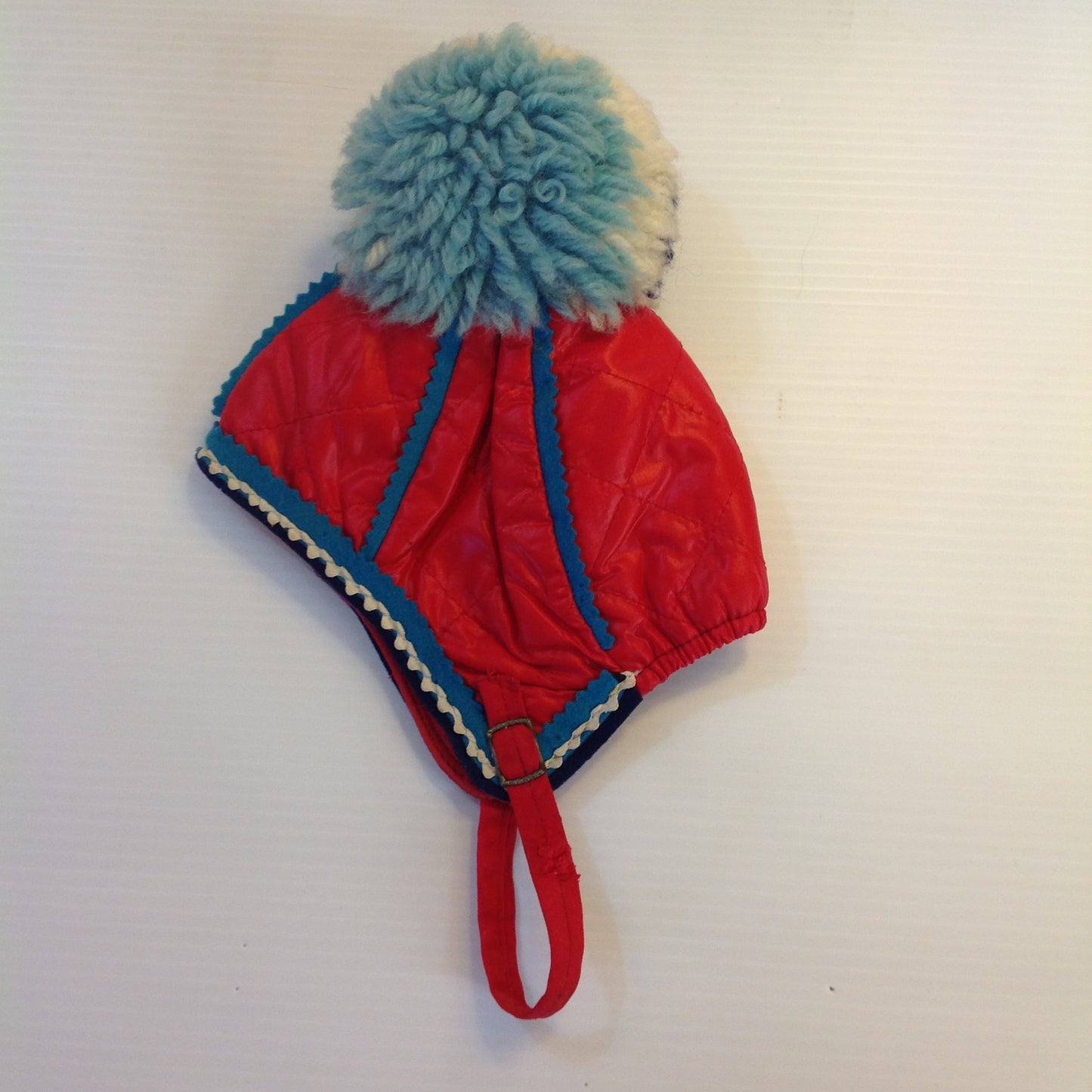 Vintage Red Obo Child Infant Toddler Strap Pom Pom Winter Hat Cap