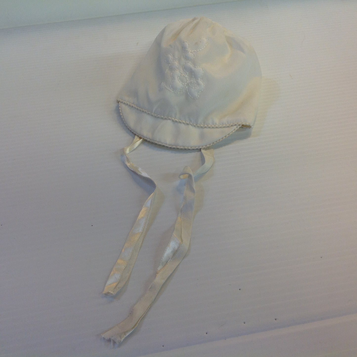 Vintage White Cotton Baby Cap Quilted Flower Satin Ribbons