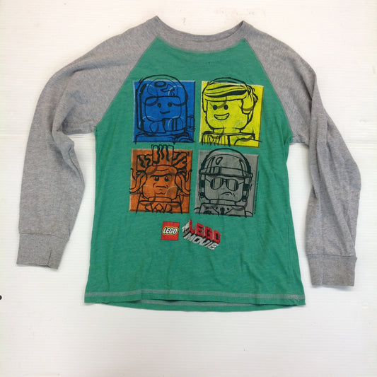 2014 Child Large The LEGO Movie Long Sleeve T-Shirt Benny Emmett Lord Business Bad Cop 4 Panel Gray Green
