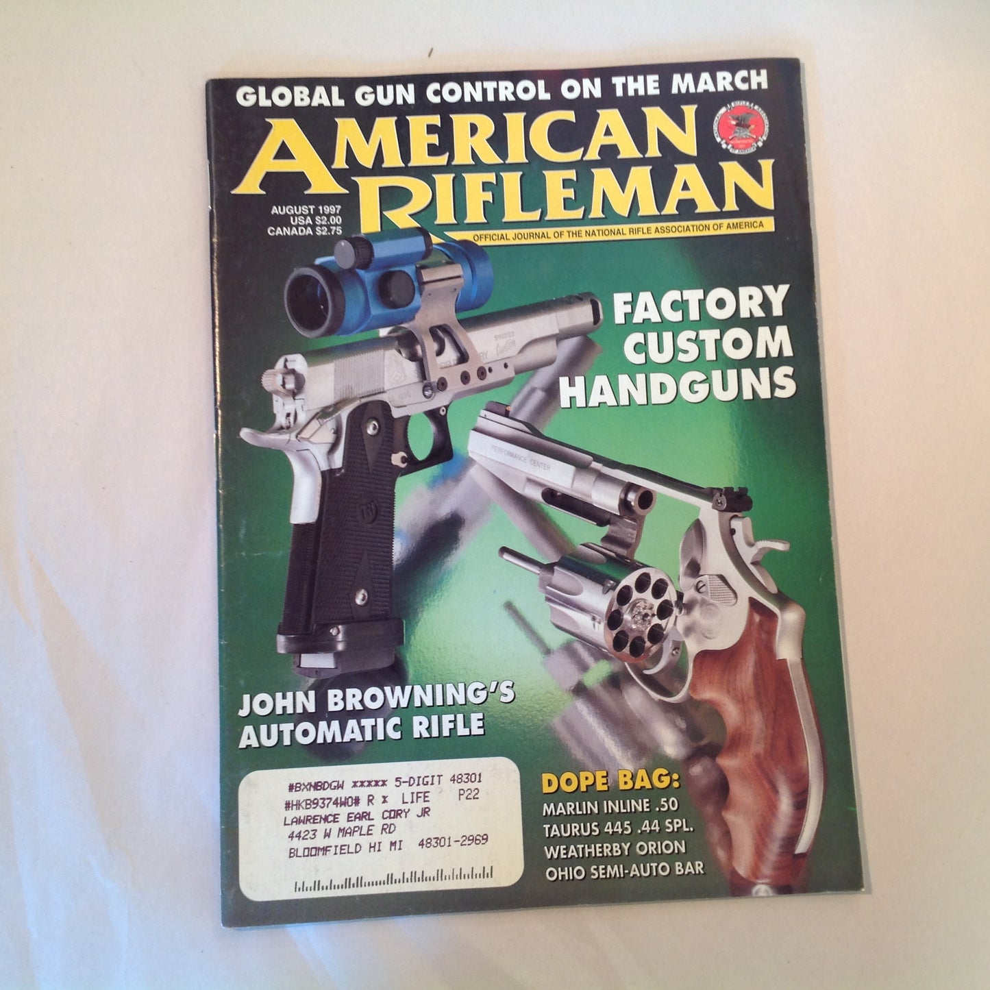 Vintage Aug 1997 American Rifleman Magazine Factory Custom Handguns John Browning Auto Rifle