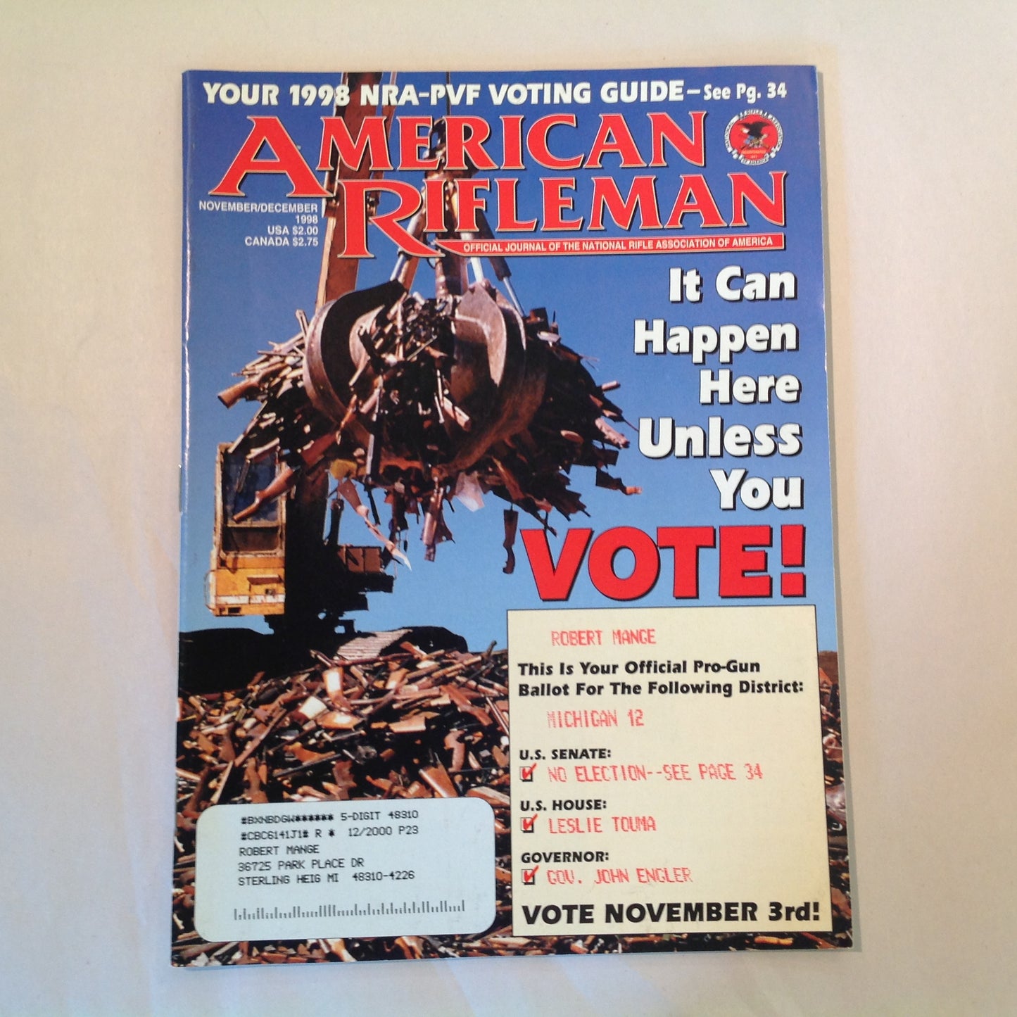 Vintage Nov/Dec 1998 American Rifleman Magazine It Can Happen Here Unless You VOTE! NRA Prop