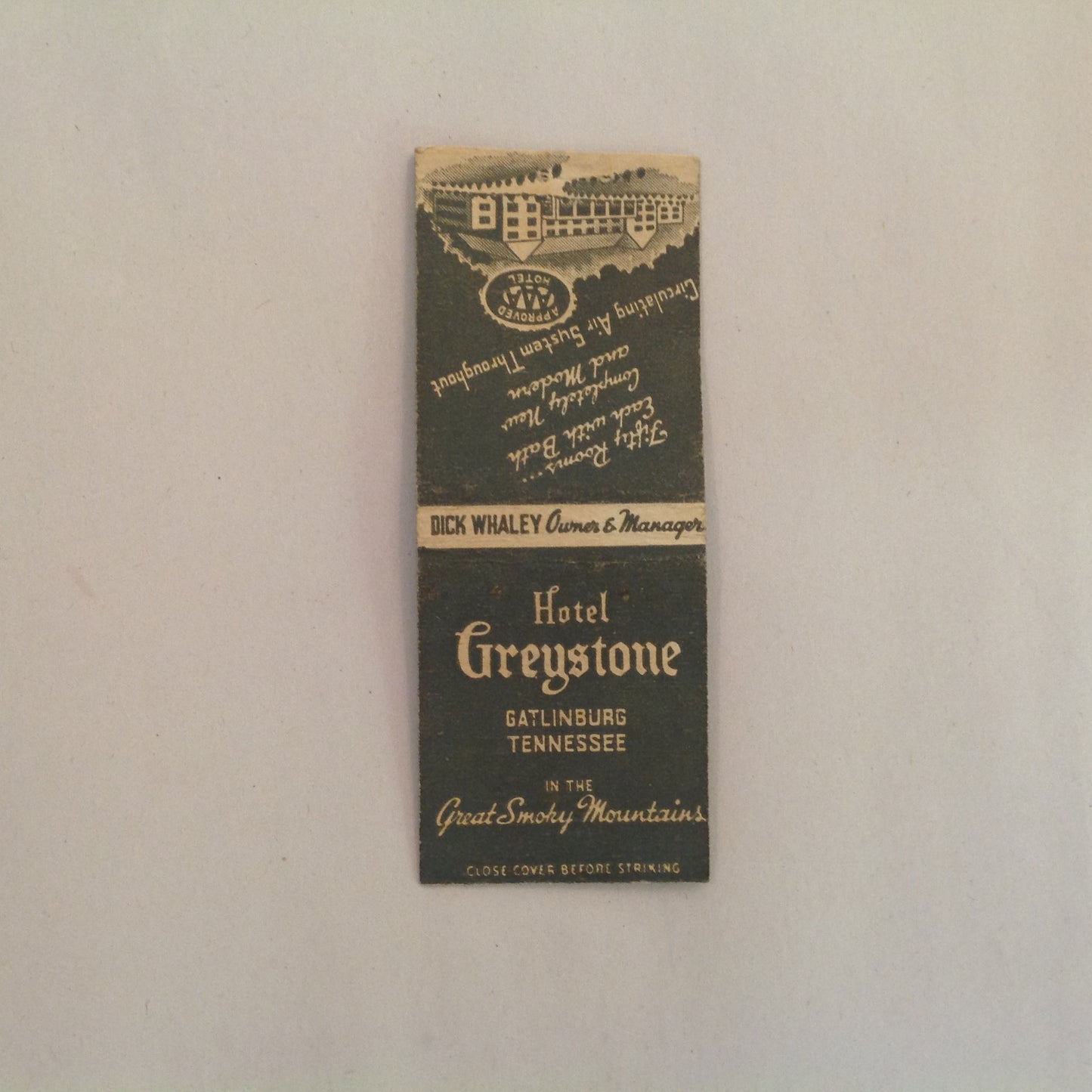 Vtg Matchbook Cover Hotel Greystone Gatlinburg Tennessee Dick Whaley Smokey Mts