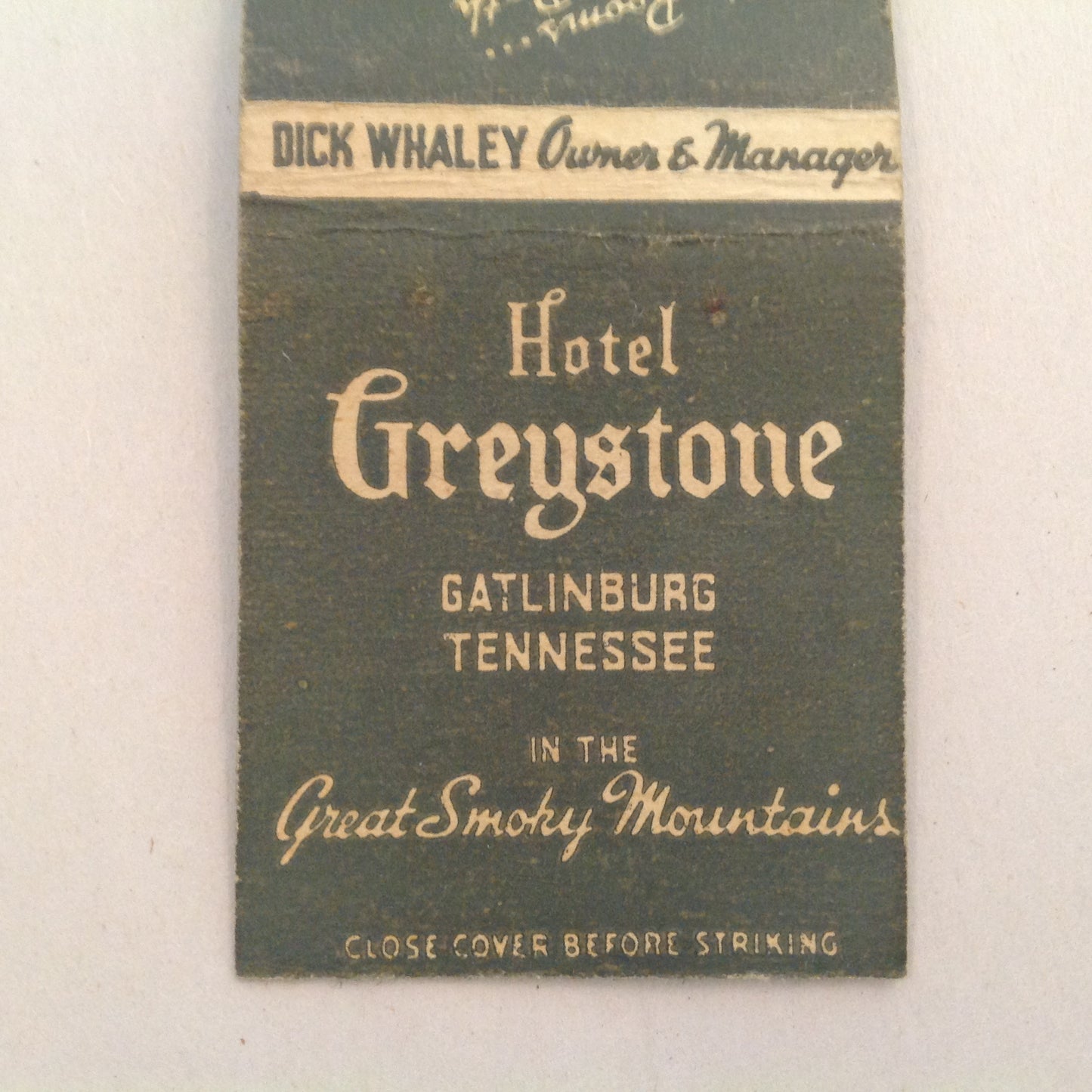 Vtg Matchbook Cover Hotel Greystone Gatlinburg Tennessee Dick Whaley Smokey Mts