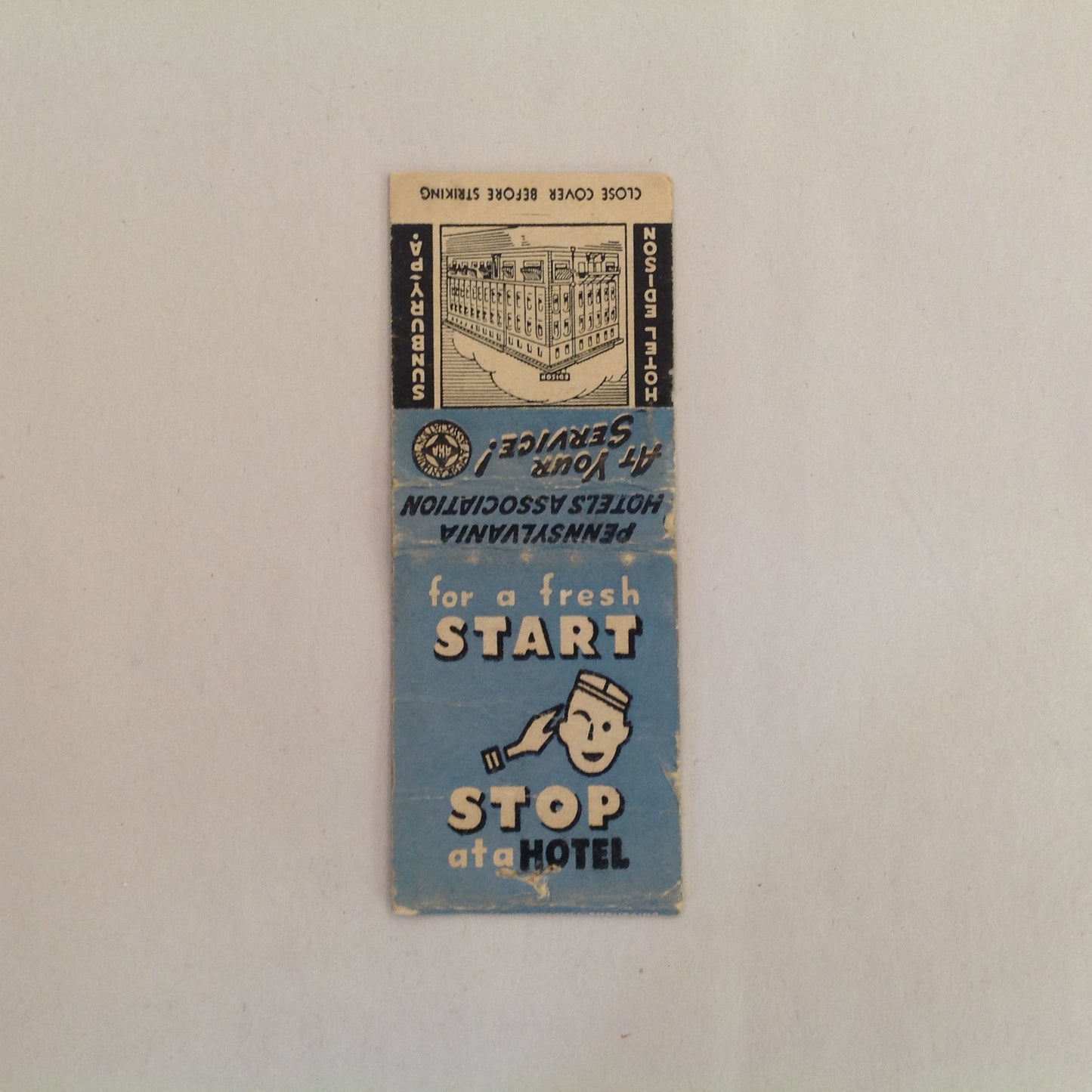 Vtg Matchbook Cover Hotel Edison Sunbury Pennsylvania Hub of Central PA Modern!