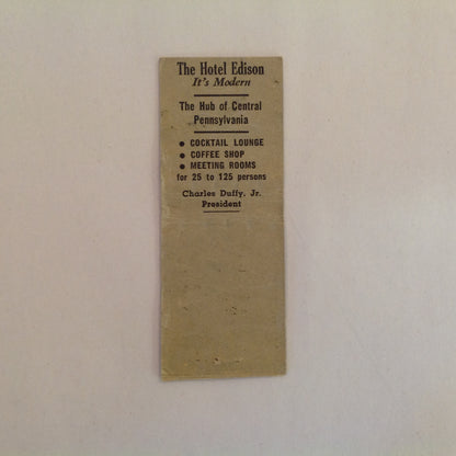Vtg Matchbook Cover Hotel Edison Sunbury Pennsylvania Hub of Central PA Modern!