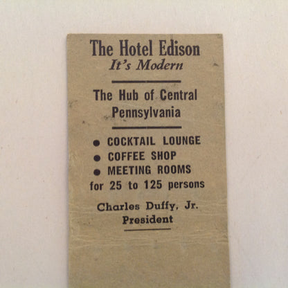 Vtg Matchbook Cover Hotel Edison Sunbury Pennsylvania Hub of Central PA Modern!
