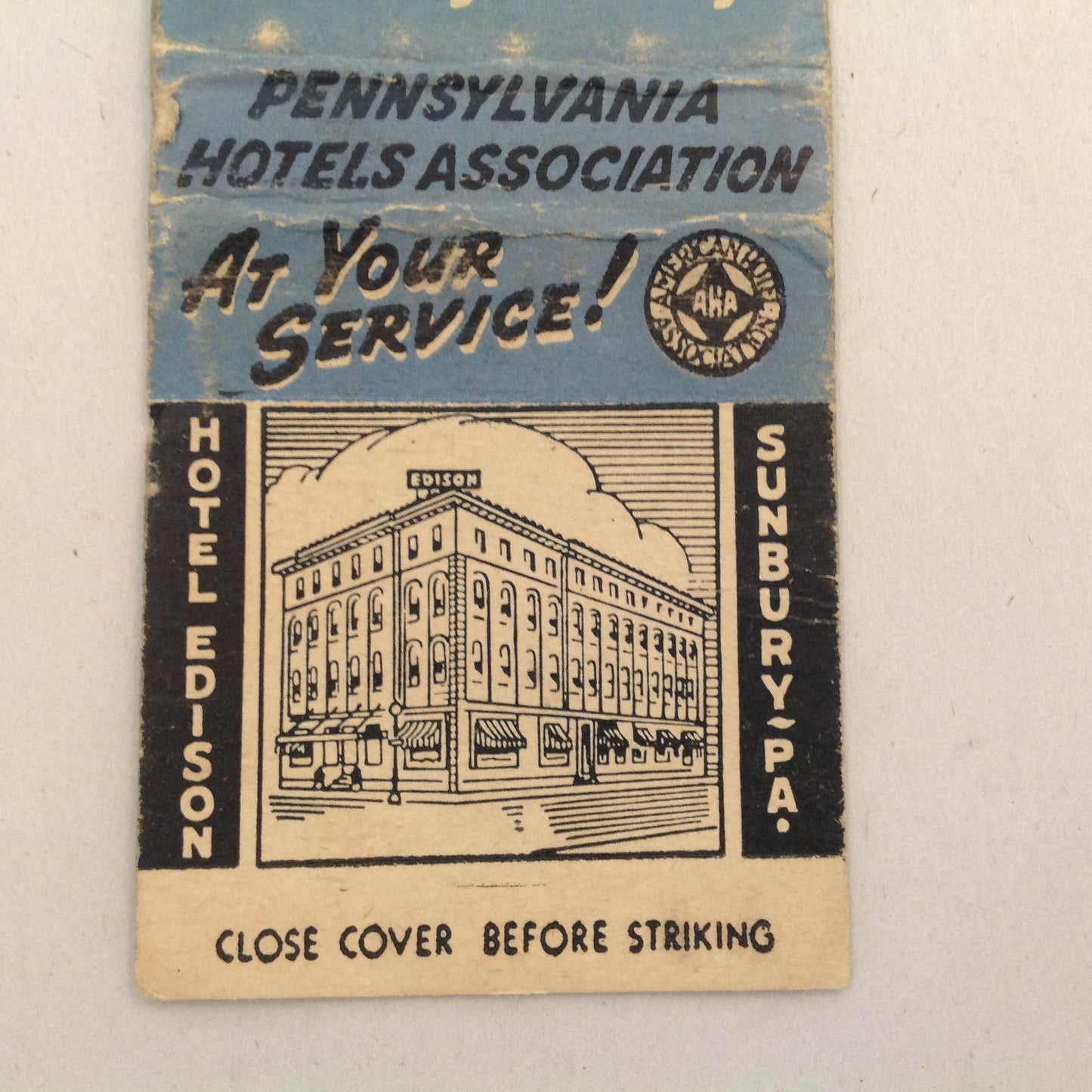 Vtg Matchbook Cover Hotel Edison Sunbury Pennsylvania Hub of Central PA Modern!