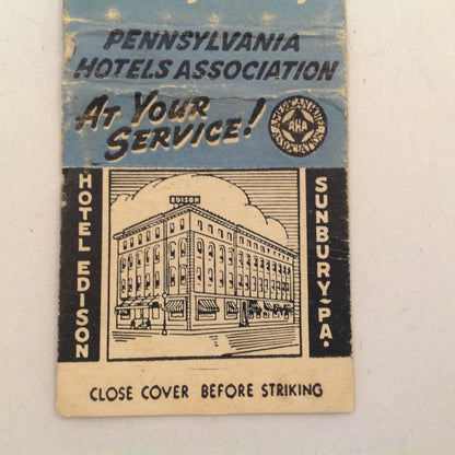 Vtg Matchbook Cover Hotel Edison Sunbury Pennsylvania Hub of Central PA Modern!